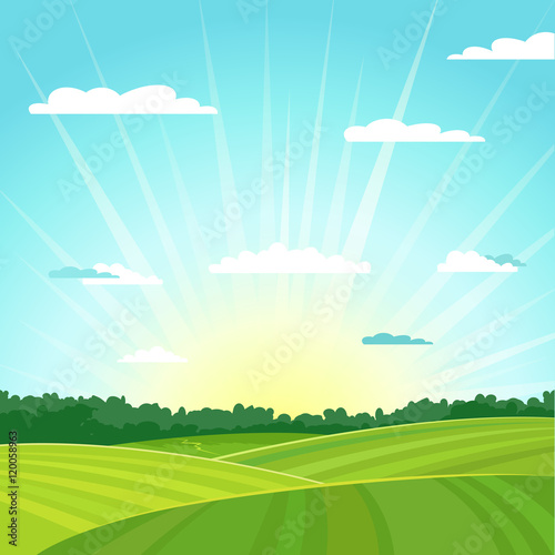 Natural country summer landscape background. Sunrise. Vector illustration.