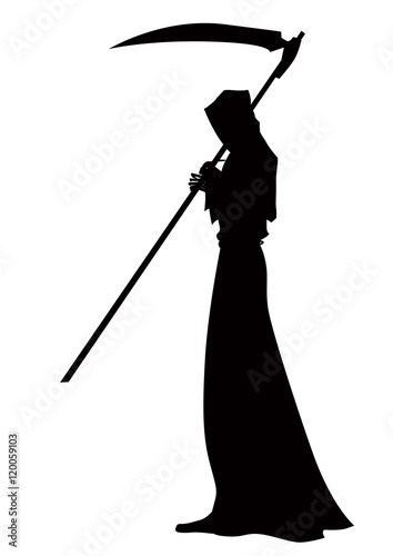 Angel of death with a scythe in his hands on white background.