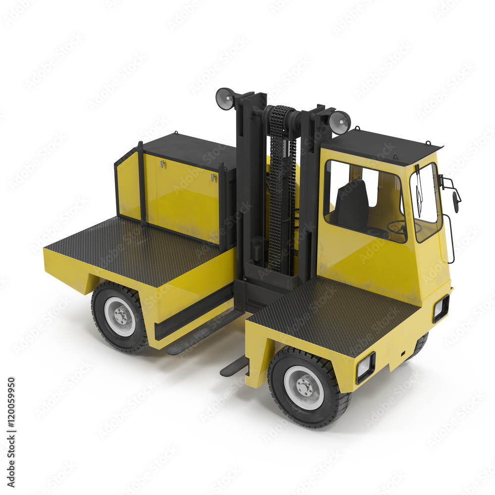 Side Loading Yellow Forklift Truck isolated on white 3D Illustration