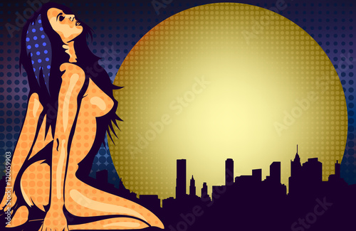 Naked woman near the window with night city view, design vector template