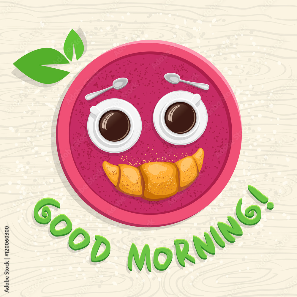 Good morning! Two cups of coffee with a croissant on a tray. Funny cartoon vector illustration. Stock Vector | Adobe Stock Good morning! Two cups of coffee with a croissant on a tray. Funny cartoon vector illustration. Stock Vector | Adobe Stock
