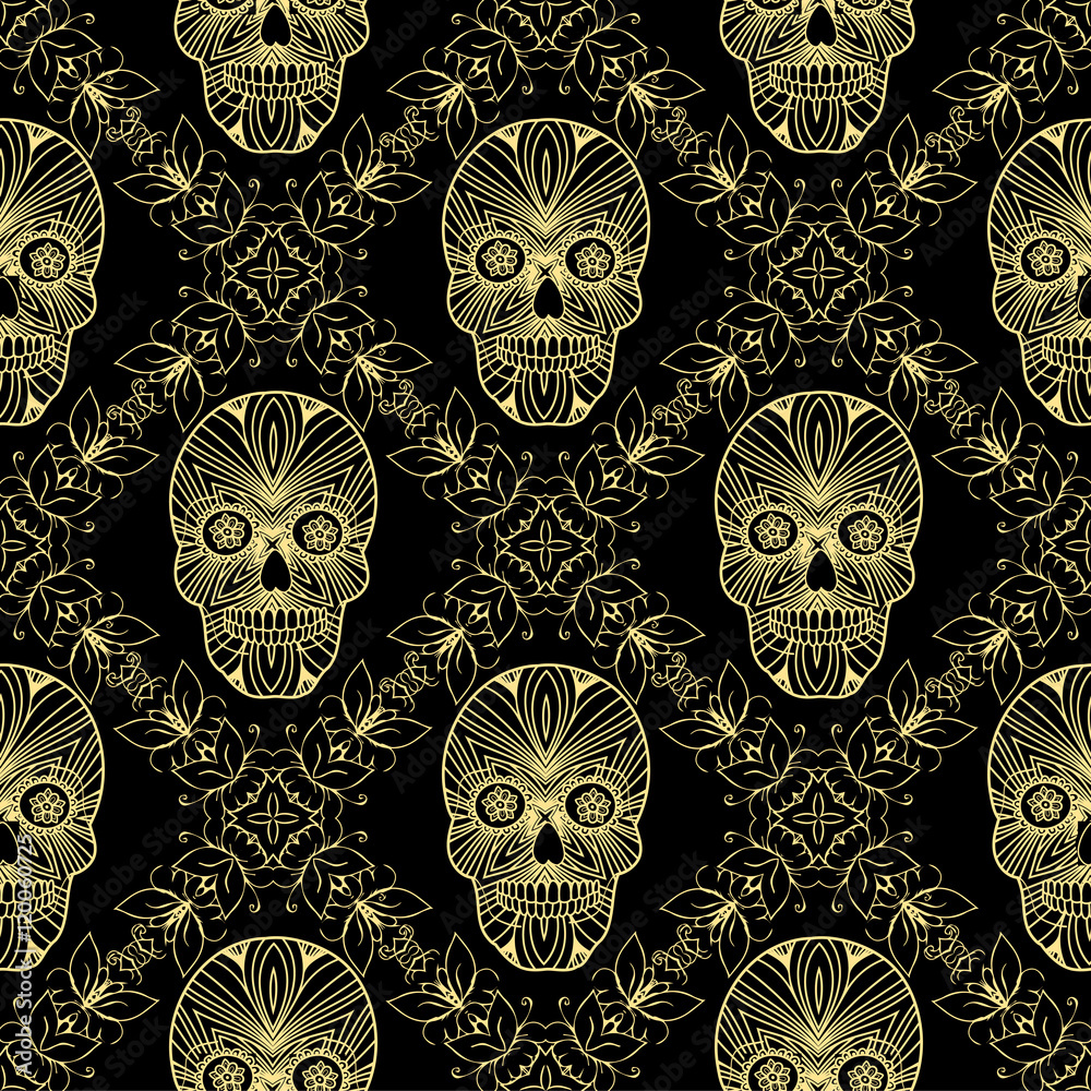 Multicolor seamless pattern. Boho style decorated skull element. tribal texture, luxury