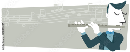 Banner, a musician playing the flute. A banner retro style with a flutist. In the background there is a staff with musical notes.