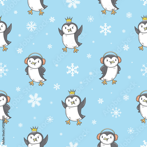 Seamless pattern with cute cartoon penguins. Winter time. White snowflakes. Funny animals. Antarctic birds. Vector contour image. Children s illustration.