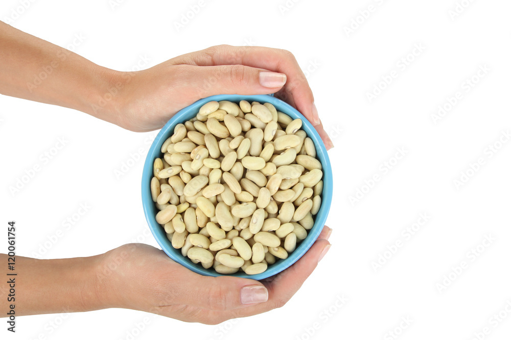 Haricot beans in the hands of women isolated on white background Haricot beans in the hands of women isolated on white background