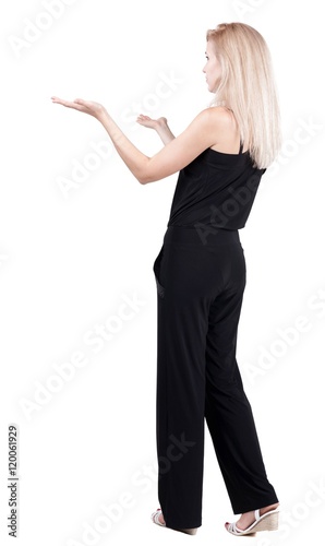 Back view of happy business woman in jeans . Rear view people collection.  backside view of person.  Isolated over white background.