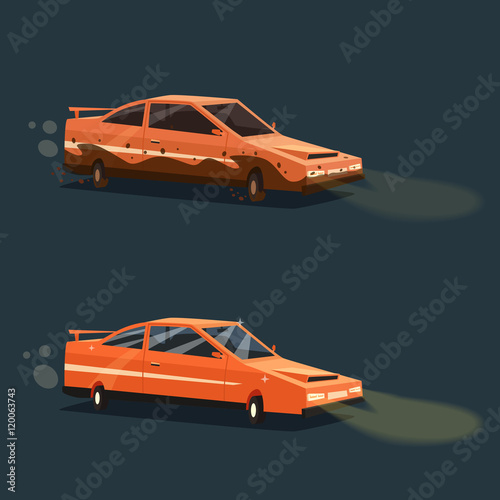 Dirty and clean car. American automobile. Cartoon vector illustration