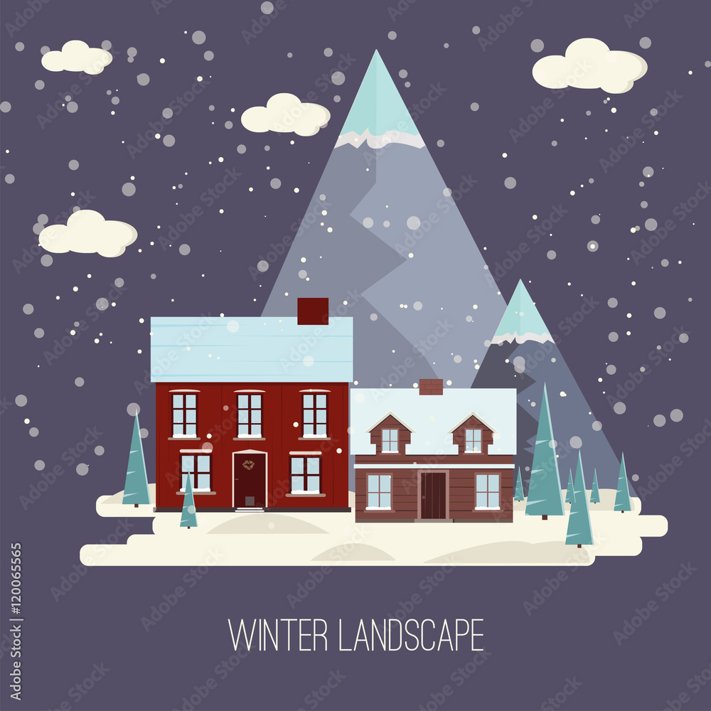Winter Snow Urban Countryside Landscape City Village Real Estate New Year Christmas Night and Day Background Modern Flat Design Icon Template Illustration Mountain top