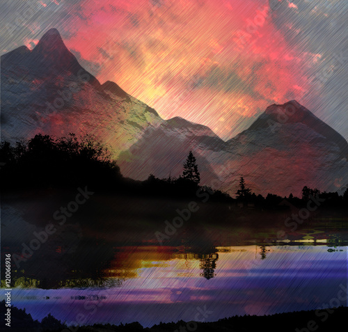 Dark mountain landscape with lake, trees and torrents of rain. Red dramatic sky with pouring rain, silhouettes of trees reflected in water and mountains peaks