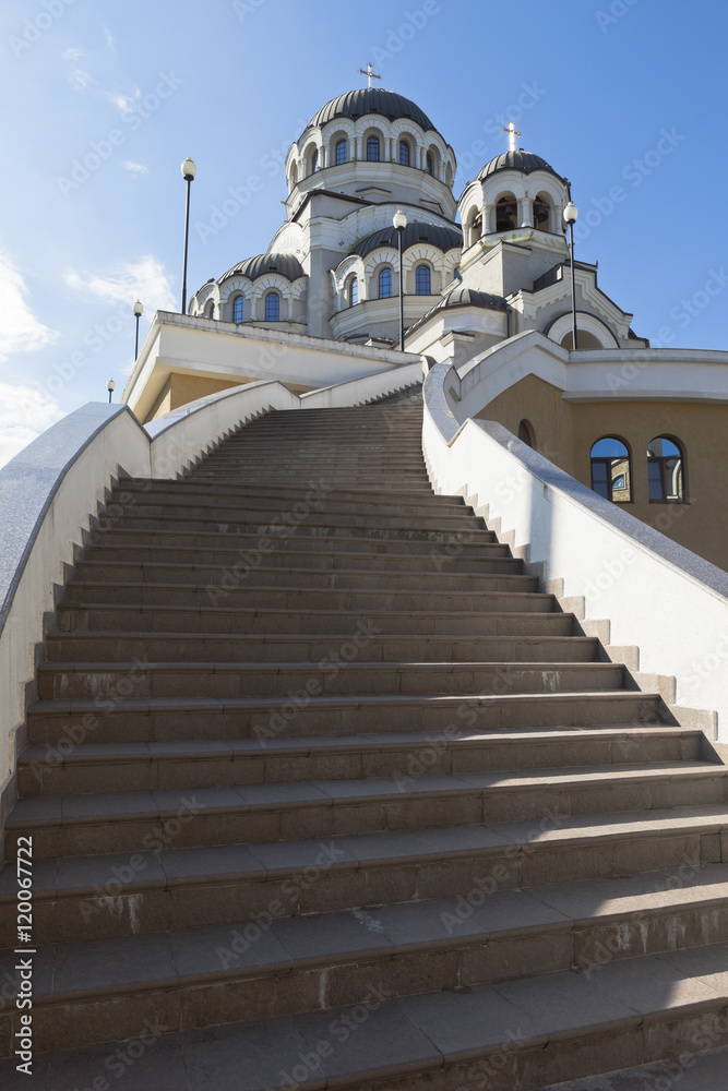 Stairs to the temple Holy Face of Christ the Savior in settlement Adler, Sochi, Krasnodar region, Russia