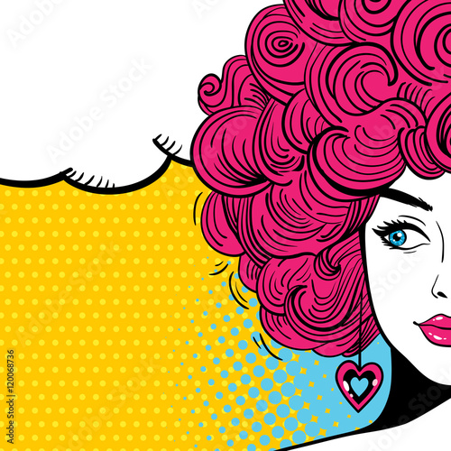 Pop art female face. Sexy woman with curly hair and speech bubble. Vector bright background in pop art retro comic style.