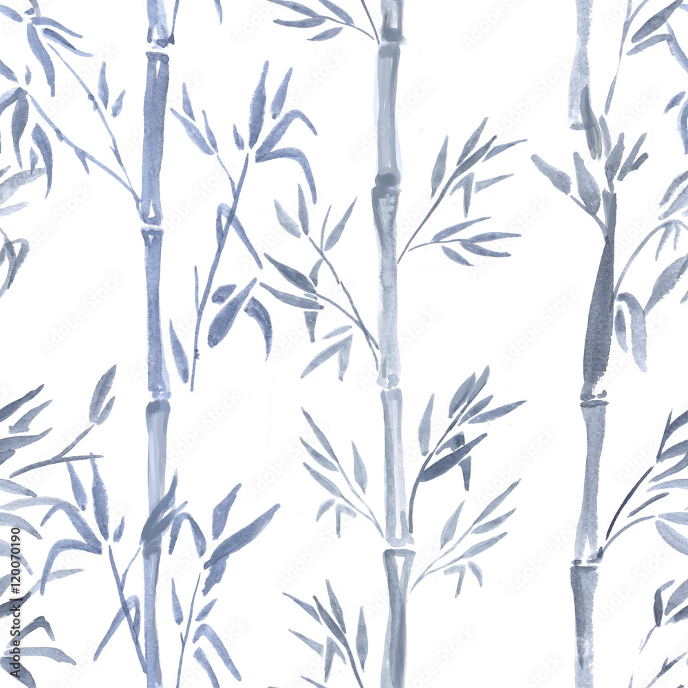 Fototapeta premium Ręcznie rysowane akwarela bezszwowe wzór z bambusa roślin rysunek. Powtarzające się tło z bambusa