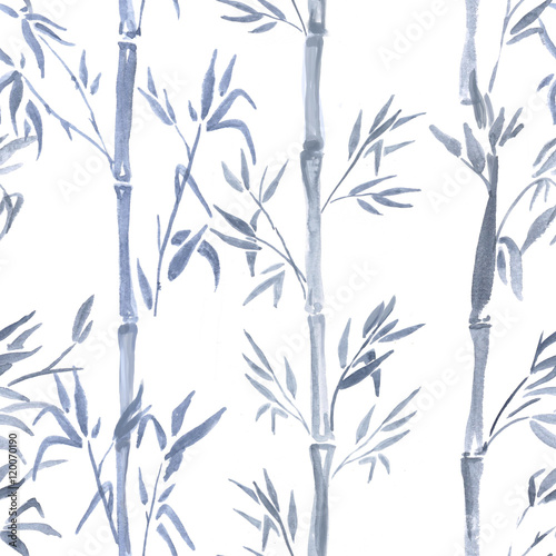 Fototapeta Naklejka Na Ścianę i Meble -  Hand-drawn watercolor seamless pattern with bamboo plant drawing. Repeated background with bamboo