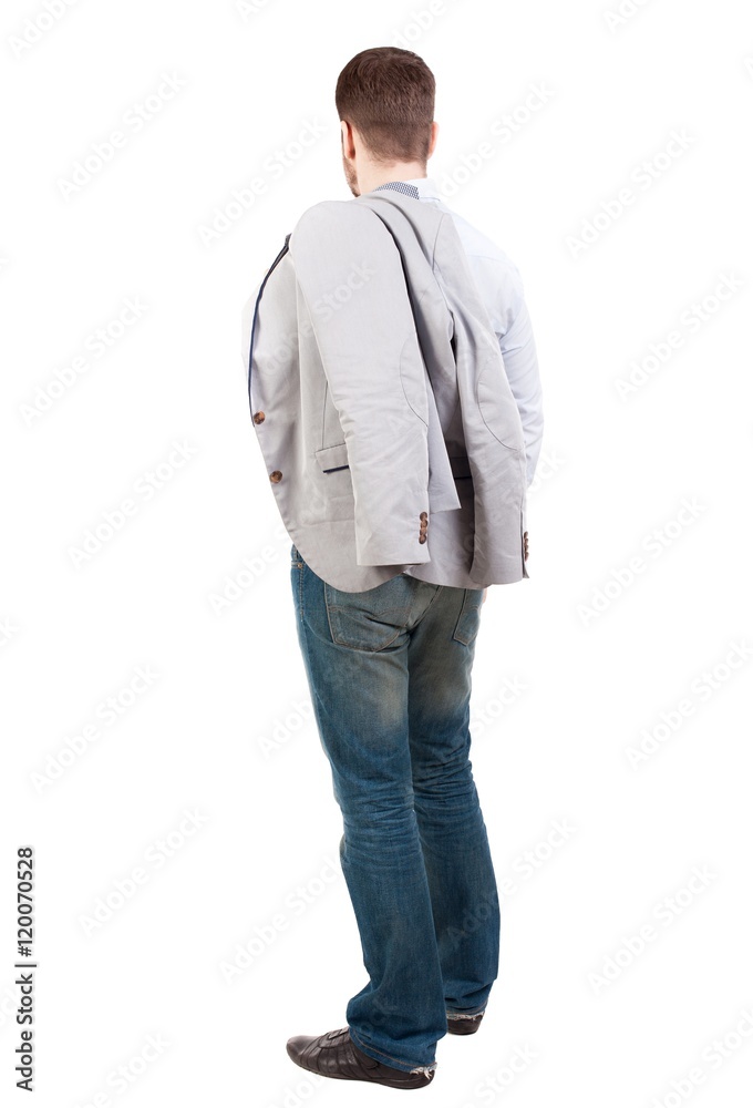 back view of Business man looks. Businessman sits throwing his jacket on the back. back view of Business man looks. Businessman sits throwing his jacket on the back.