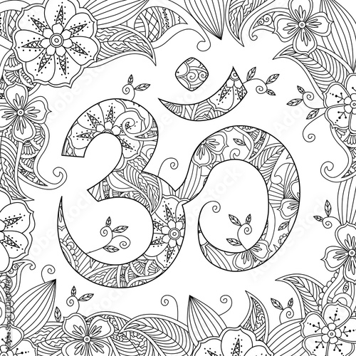 Om, or Aum sign ornated with flowers and leaves