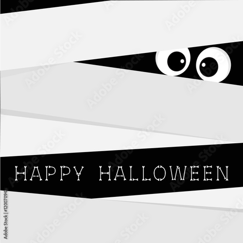 Mummy zombie Bandage and big eyes. Egypt monster. Happy halloween bones text. Cute cartoon character. Scary boo greeting card. Flat design.