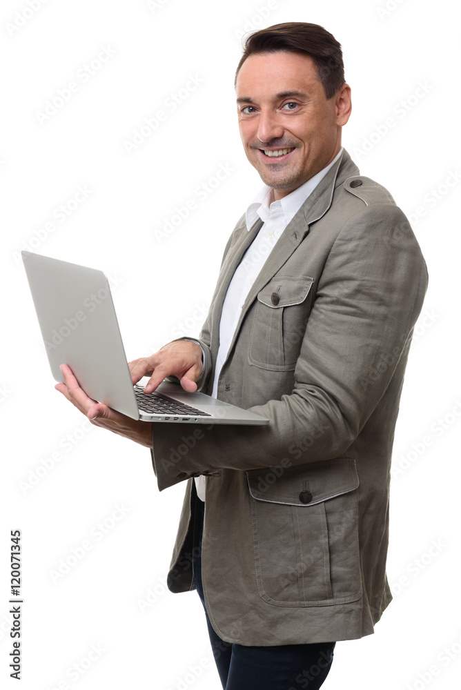 smiling young man with laptop isolated smiling young man with laptop isolated