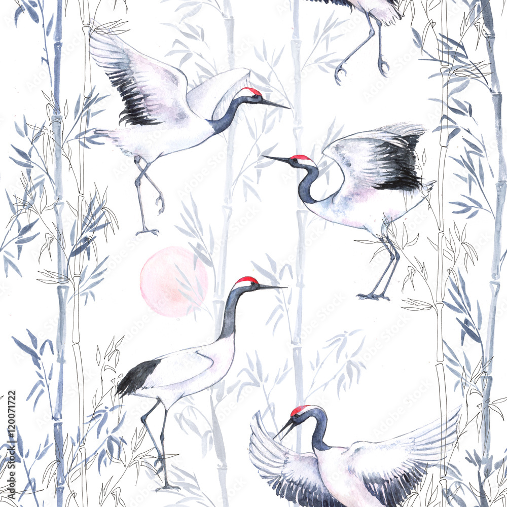 Fototapeta Hand-drawn watercolor seamless pattern with white Japanese dancing cranes. Repeated background with delicate birds and bamboo