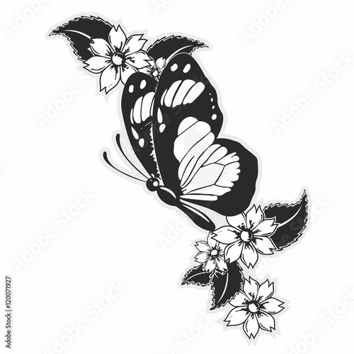 flying butterfly with flowers and leaves