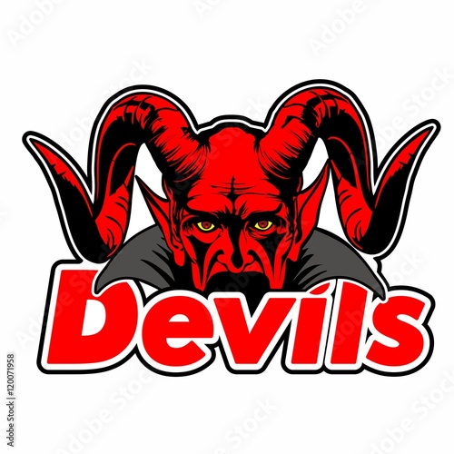 Devil face with horns behind the written.