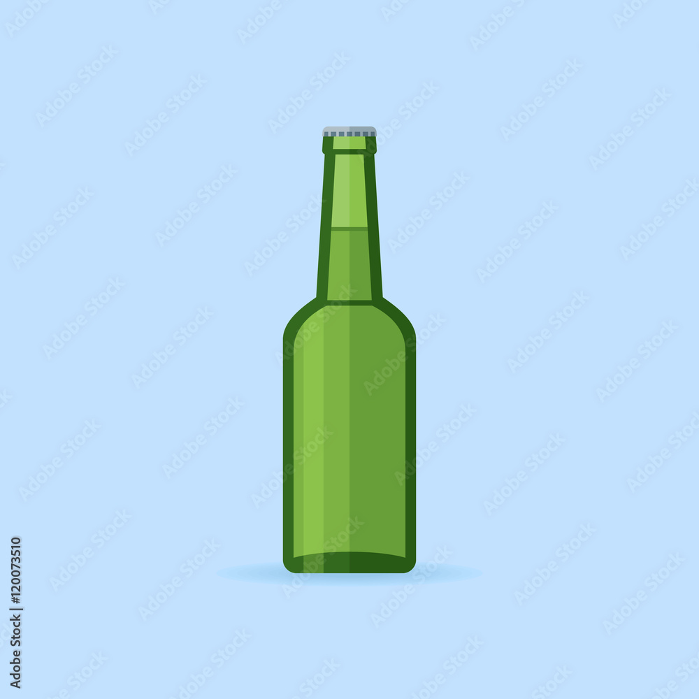 Green glass beer bottle isolated on blue background. Flat style icon. Vector illustration.