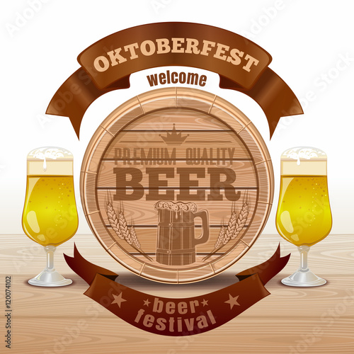 Poster for Oktoberfest with wooden barrel and glasses of beer. Welcome. Beer festival. Vector illustration