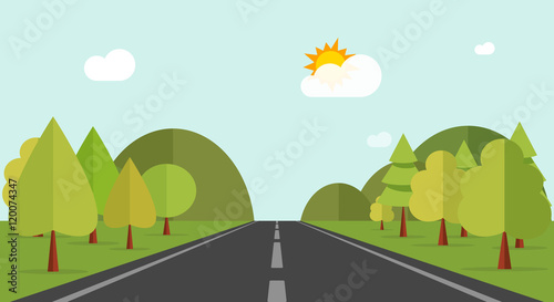 Road across green forest and hills vector illustration, flat cartoon mountains, forest, road and nature landscape, highway summer view to horizon