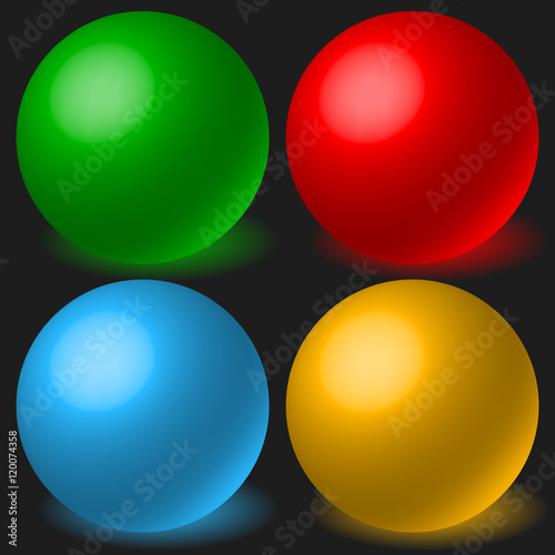 Set of 4 spheres with glowing shadow. Spatial, 3d balls, orbs.