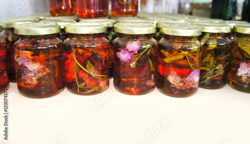 Jam made of herbs and flowers in jars