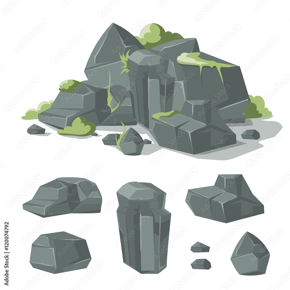 Stones and rocks cartoon vector nature boulder with grass moss Stock ...