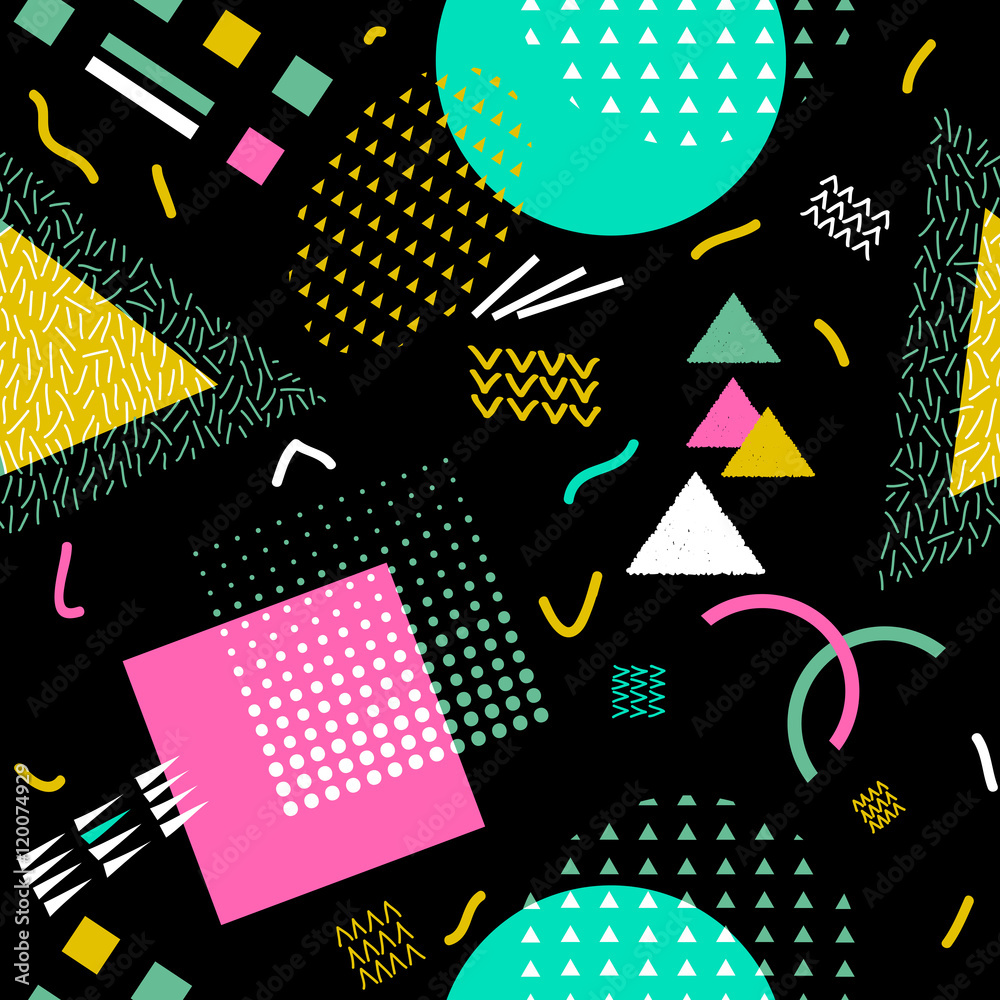 Obraz premium Vector abstract seamless pattern with geometric shapes. Retro memphis style.