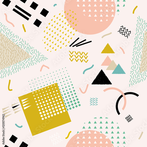 Vector abstract seamless pattern with geometric shapes. Retro memphis style.