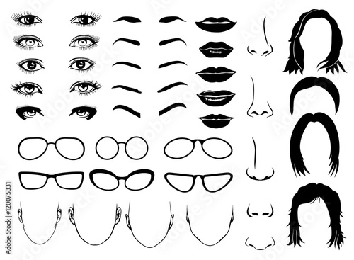 Woman face parts, eye, glasses, lips and hair. Vector female portrait set