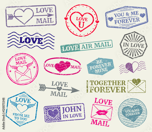 Romantic postage stamp vector set for valentines day card, love letters