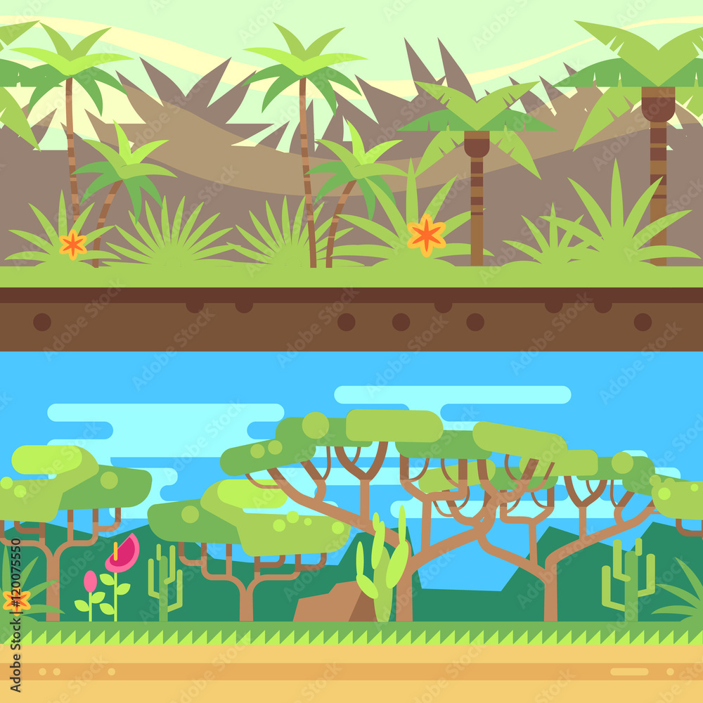 Horizontal seamless tropical forest jungle background in cartoon flat style. Vector illustration