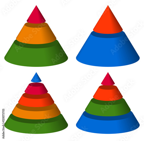 Pyramid, cone charts. 3-2-5-4 levels. Multilevel triangle 3d gra