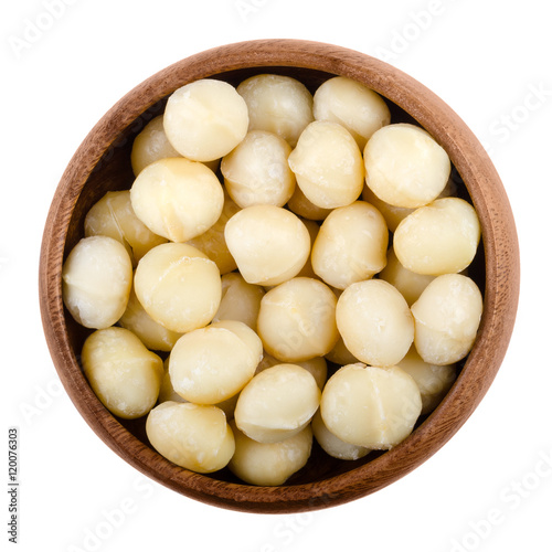 Macadamia nuts in a wooden bowl on white background. Edible seeds without shells. Isolated macro food photo close up from above.
