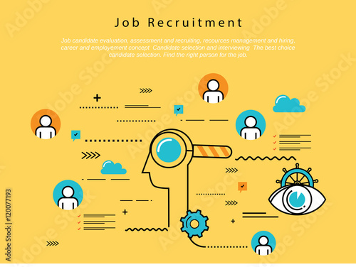 Line flat vector business design and infographic elements for job candidate evaluation, interviewing, assessment, recruiting, resources and corporate management, hiring, employment, career concept. 