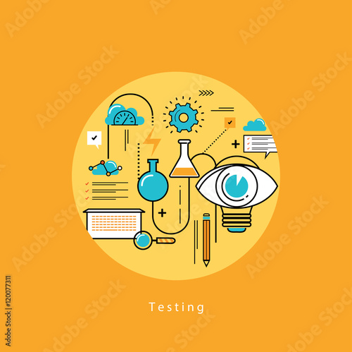 Line flat vector business design and infographic elements for website design process, application development, analysis, concept and strategy, designing and testing, optimization and launching.