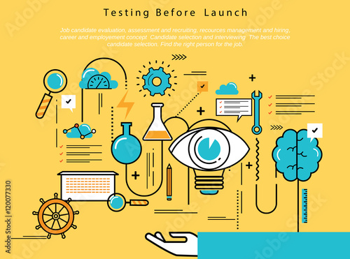 Line flat vector business design and infographic elements for website design process, application development, analysis, concept and strategy, designing and testing, optimization and launching.