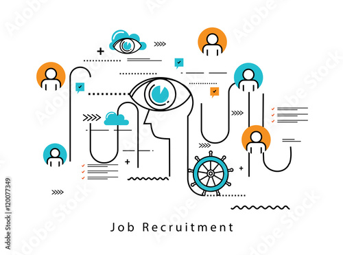 Line flat vector business design and infographic elements for job candidate evaluation, interviewing, assessment, recruiting, resources and corporate management, hiring, employment, career concept. 