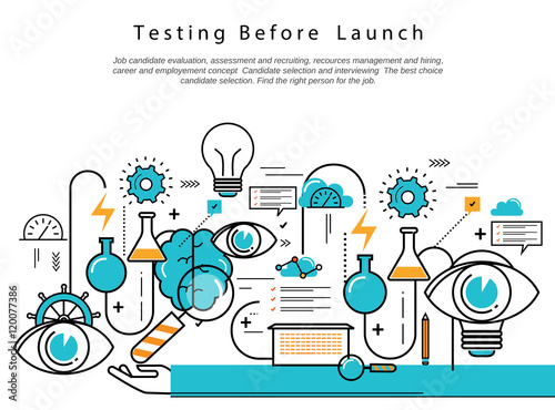 Line flat vector business design and infographic elements for website design process, application development, analysis, concept and strategy, designing and testing, optimization and launching.