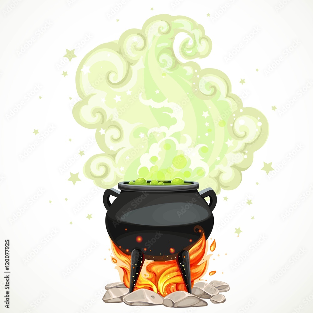 Fototapeta premium Witches cauldron with green potion and steam to heat the object