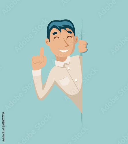 Help Looking Out Corner Support Idea Cartoon Businessman Character Icon Solution Symbol Retro Vintage Design Vector Illustration