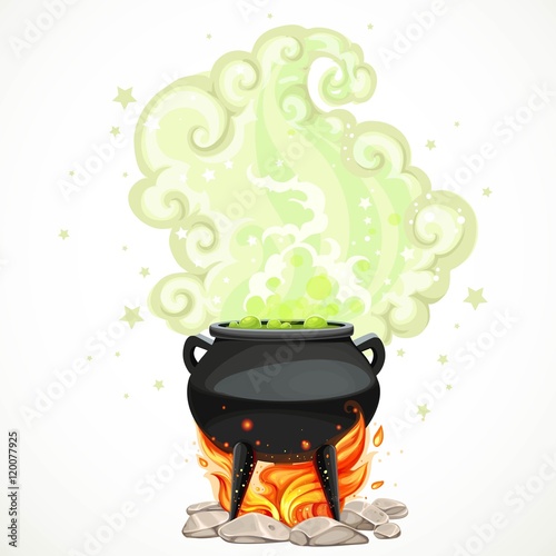 Witches cauldron with green potion and steam to heat the object photo