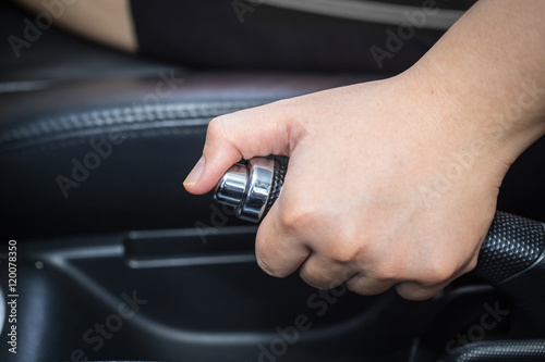 girl hand hold car handbrake photo