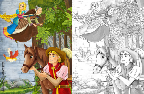 Cartoon scene - nobleman in the forest - some prince or traveler encountering castle flying witch on the broomstick - horse is nearby - beautiful manga girl - coloring page - illustration for children