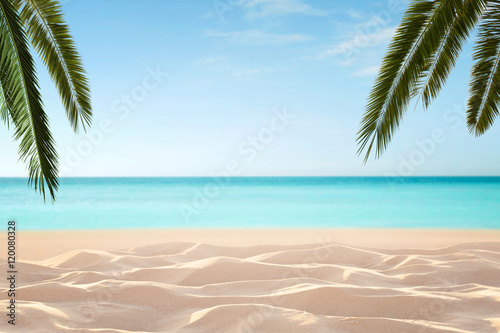 Empty, defocused tropical beach background with copy space