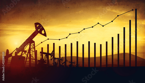 3d illustration of oil pump jacks on sunset sky background. Concept of growing oil prices