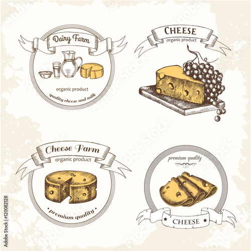 Logos with cheese and dairy products in the vintage style. Vector design. Sketch. Organic product